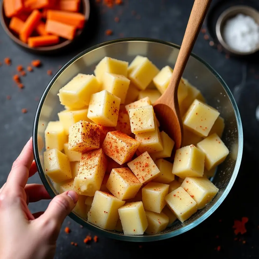 Raw potato chips being tossed with oil and spices in a glass bowl before air frying