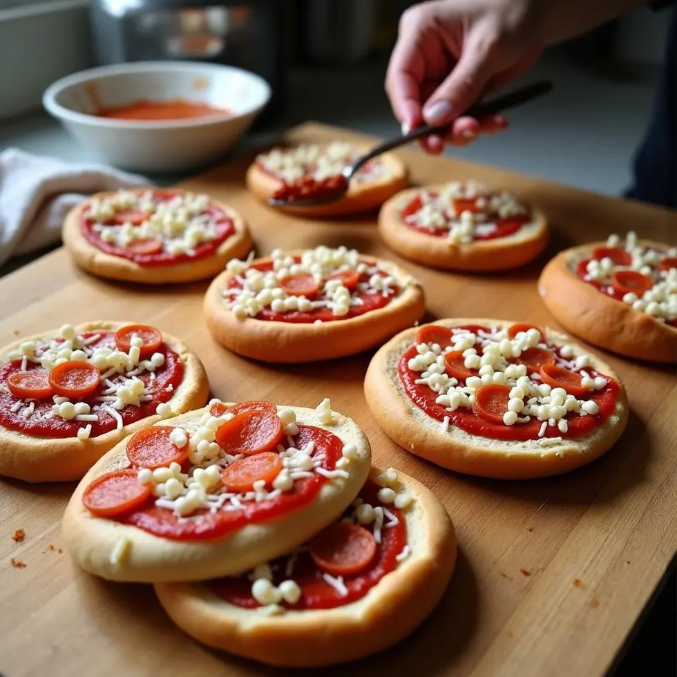 Bagel halves being topped with sauce, cheese and pepperoni on a wooden cutting board