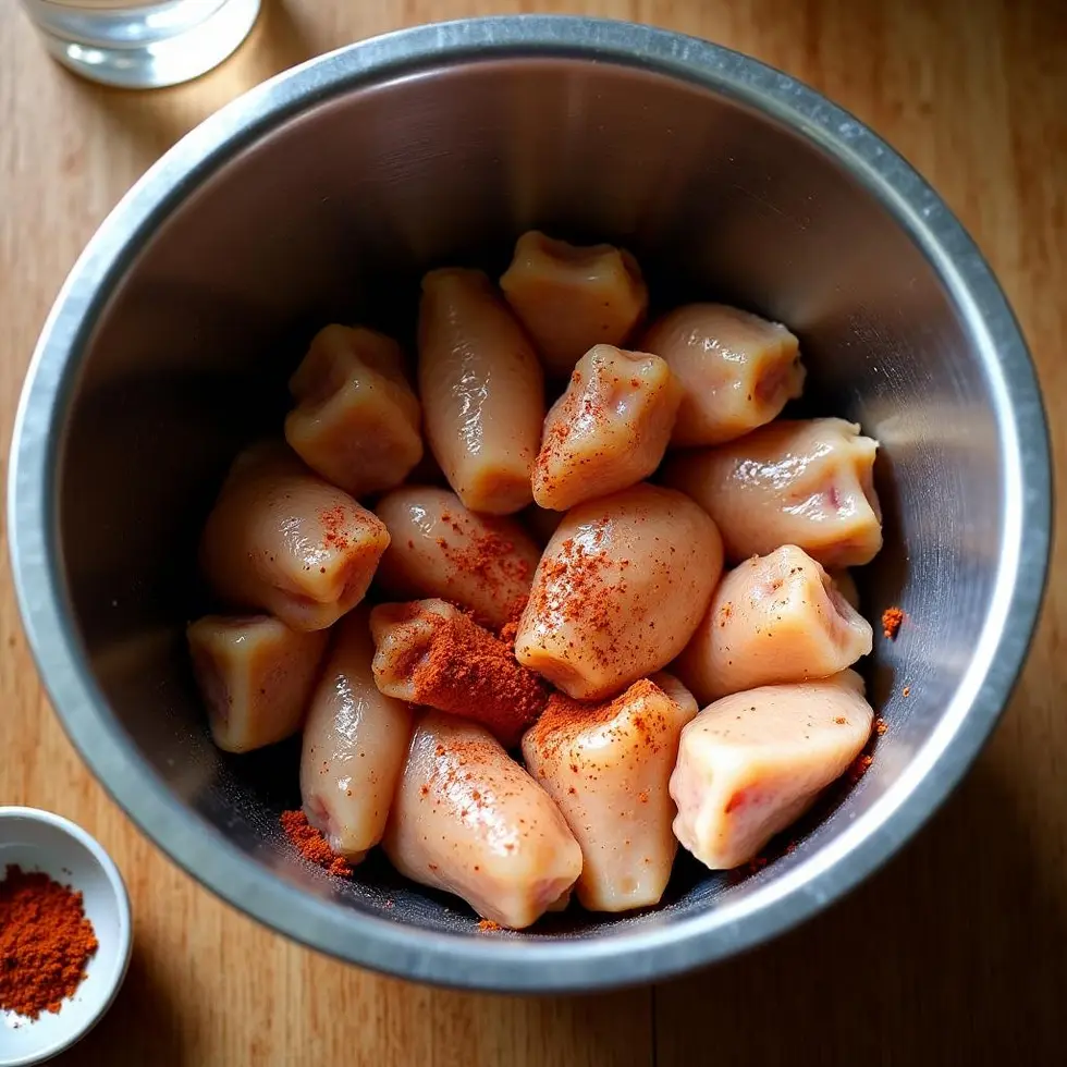 Raw chicken wings being tossed with spices and baking powder in a metal bowl