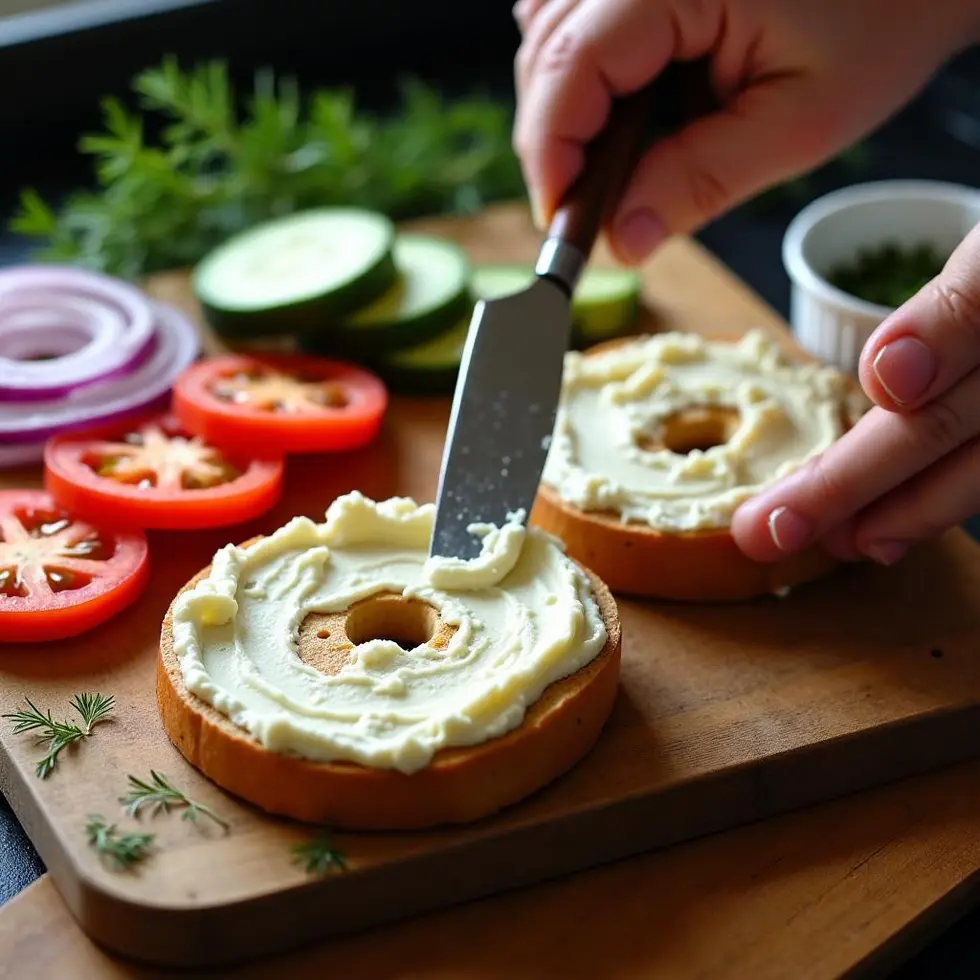 Spreading cream cheese onto a toasted bagel half with sliced vegetables on a cutting board nearby