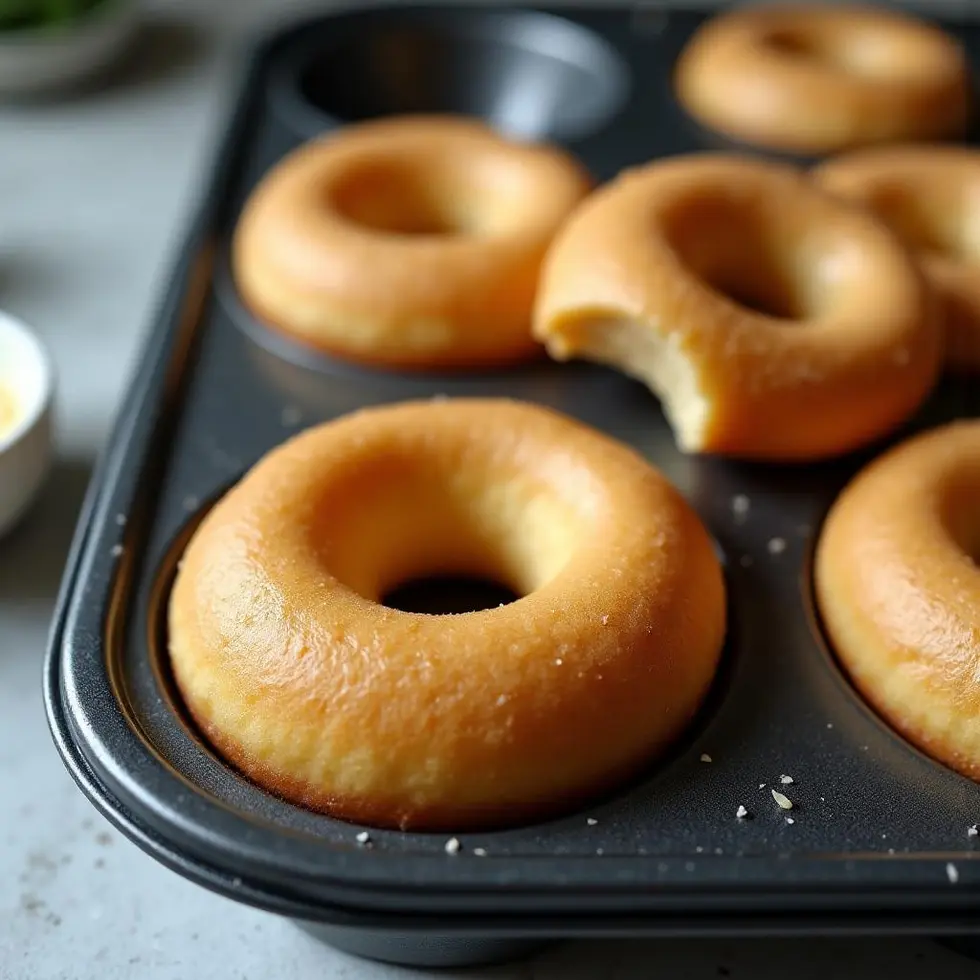 Freshly baked donuts in a pan with glaze bowl nearby