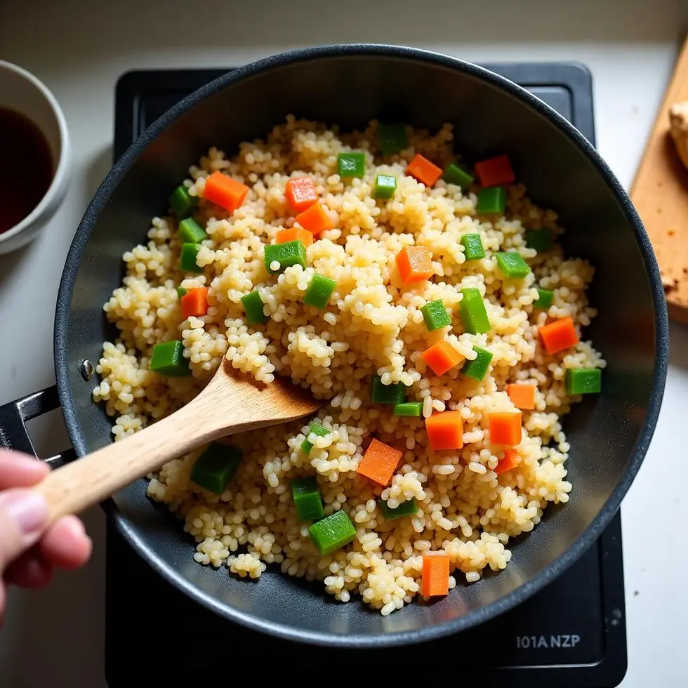 Day-old rice being stir-fried in a skillet with frozen vegetables and garlic butter