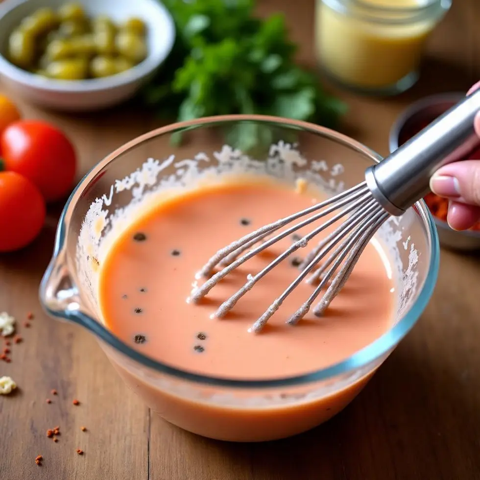 Whisking burger sauce ingredients together in a glass bowl with visible pickle relish