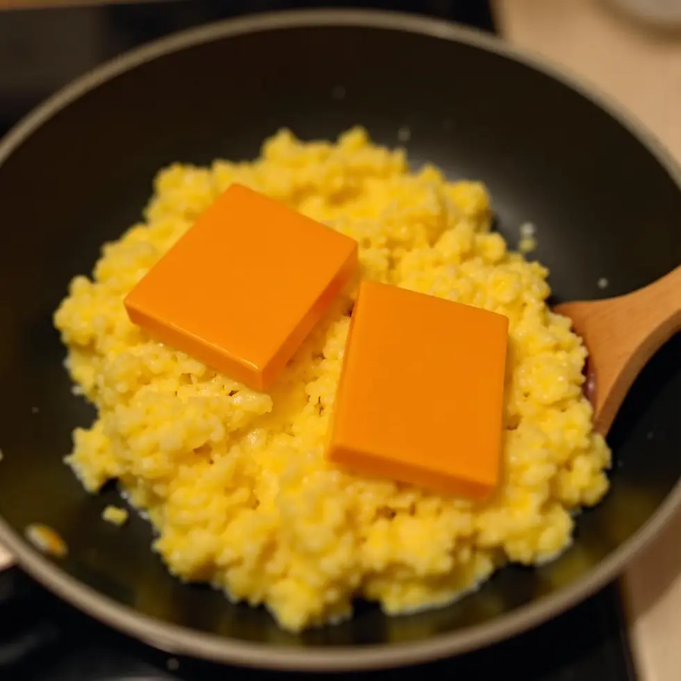 Scrambled eggs cooking in a skillet with cheddar cheese slices melting on top