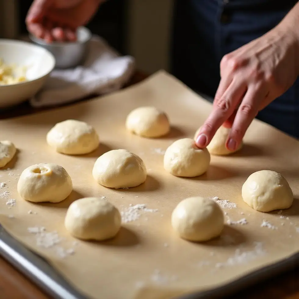 Shaping dough balls for brioche buns on a parchment-lined baking sheet