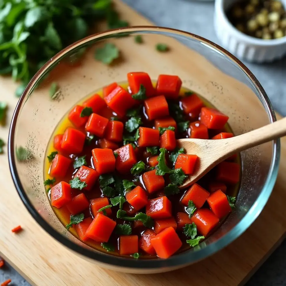 Diced cherry tomatoes and chopped basil being mixed with olive oil and balsamic vinegar in a glass bowl
