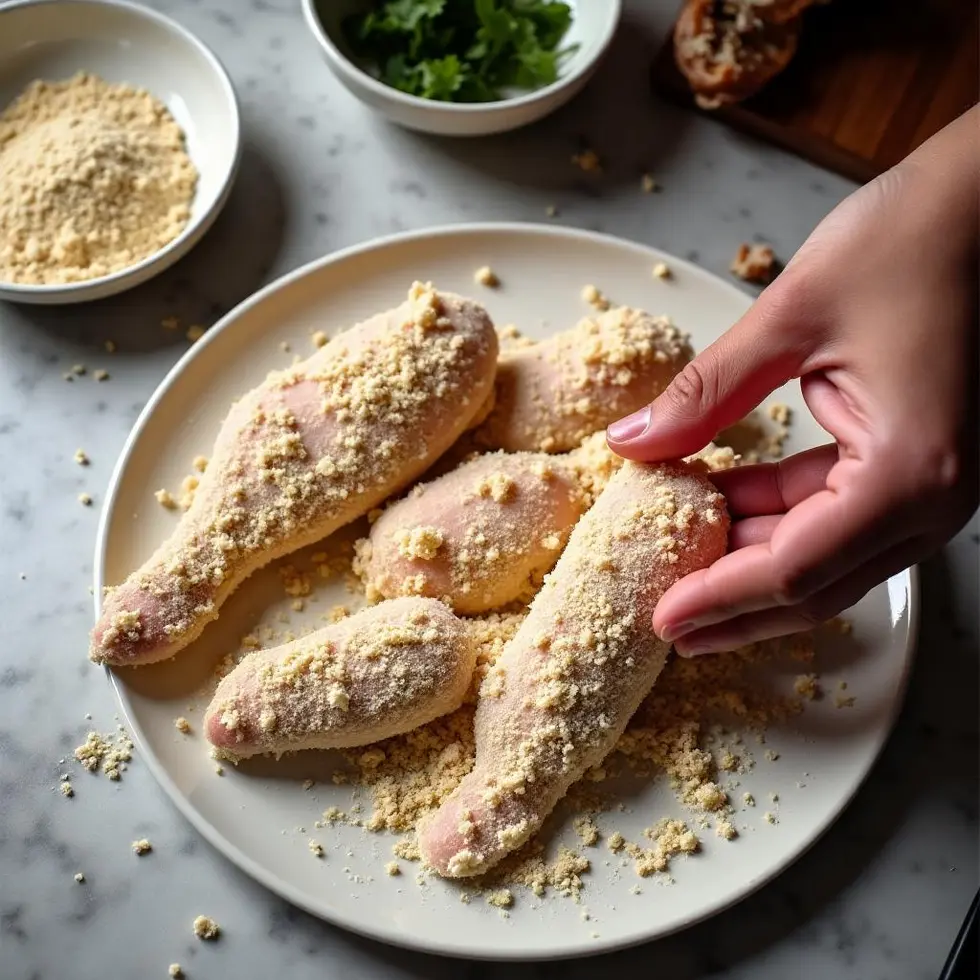 Raw chicken being coated in flour and panko mixture in a shallow dish