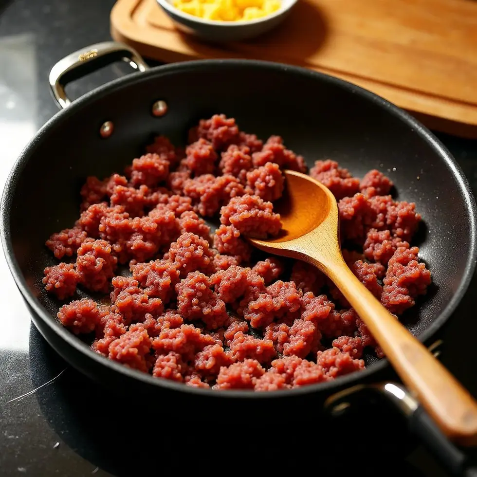Ground beef browning in a skillet with spices, broken into small crumbles