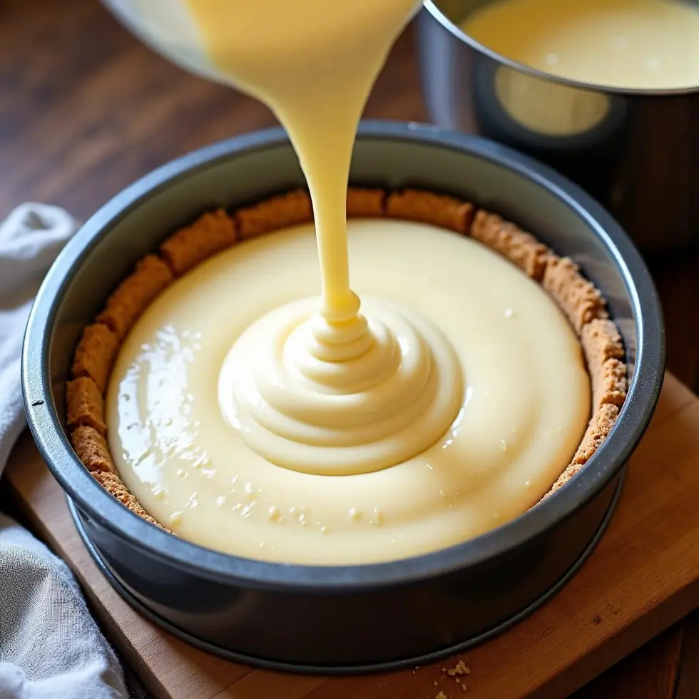 Creamy batter being poured over graham cracker crust in a springform pan