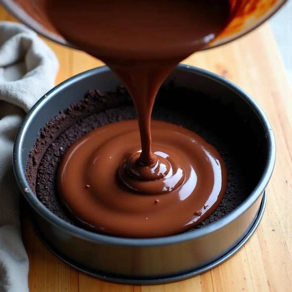 Dark chocolate cheesecake batter being poured into a springform pan over cookie crust