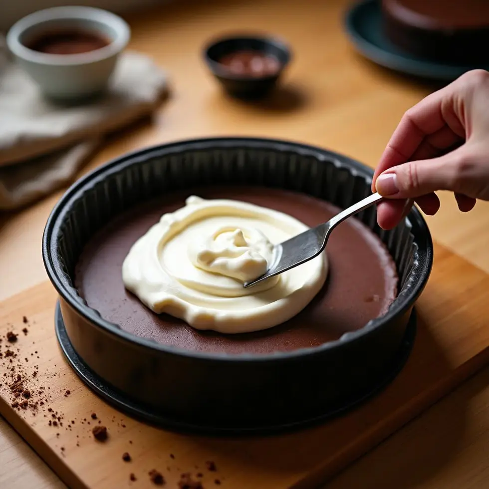 Chocolate mousse cheesecake with dark base and white mousse layer, slice partially cut to show layers