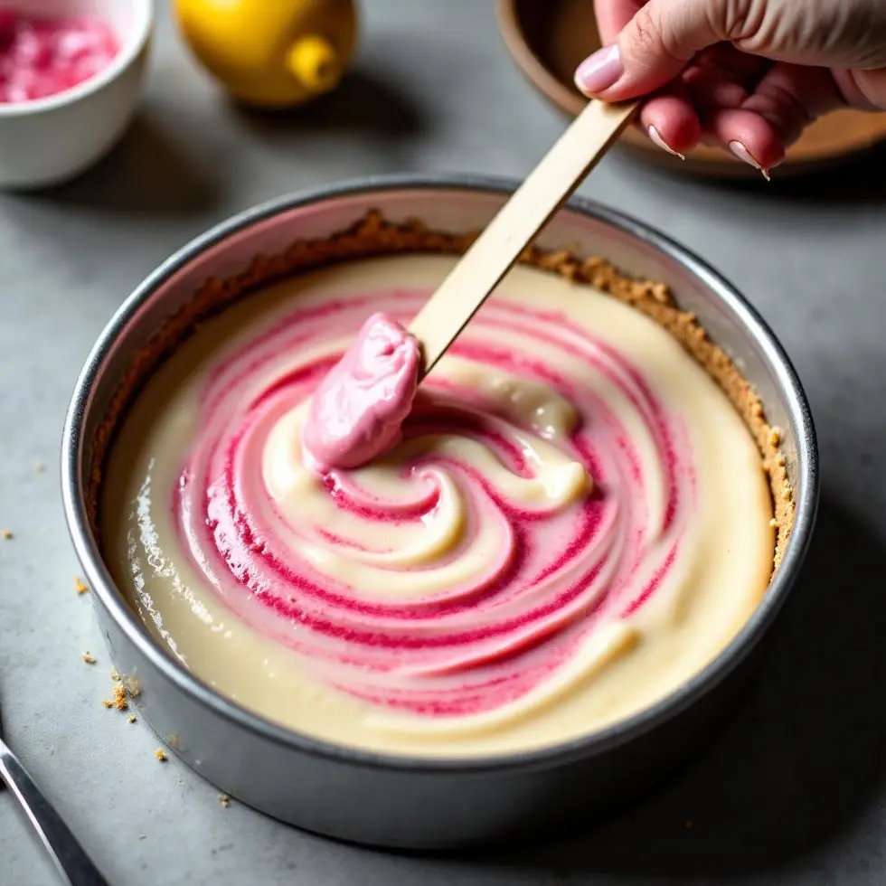 Swirling raspberry into cheesecake batter with a knife in a springform pan