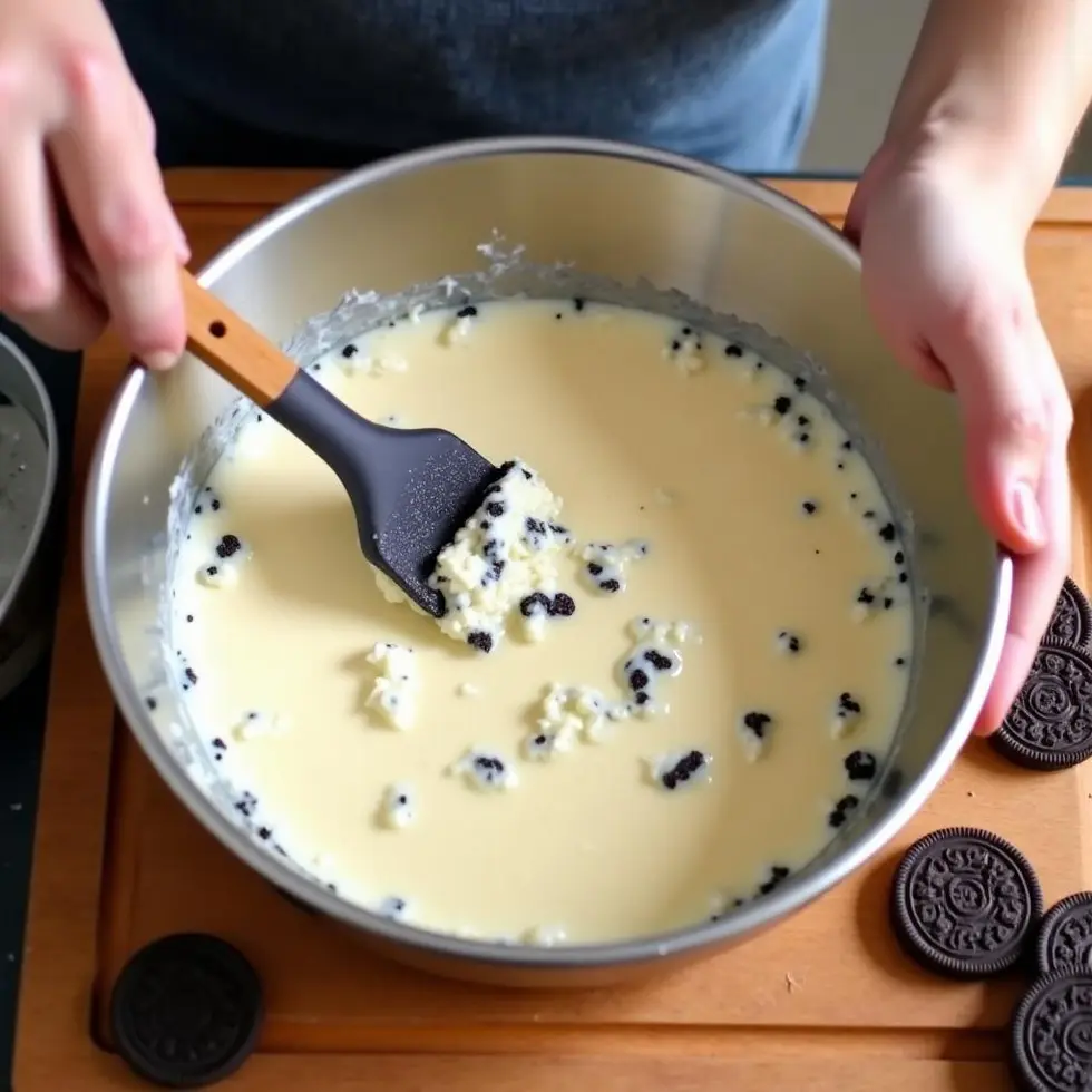 Cream cheese batter with Oreo cookie chunks being folded together in a mixing bowl