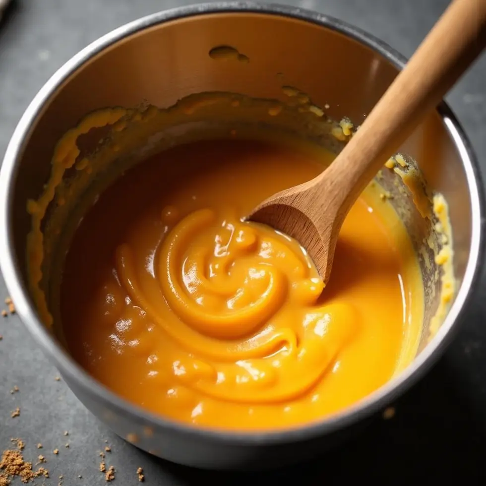 Pumpkin and cream cheese mixture being combined in a metal bowl