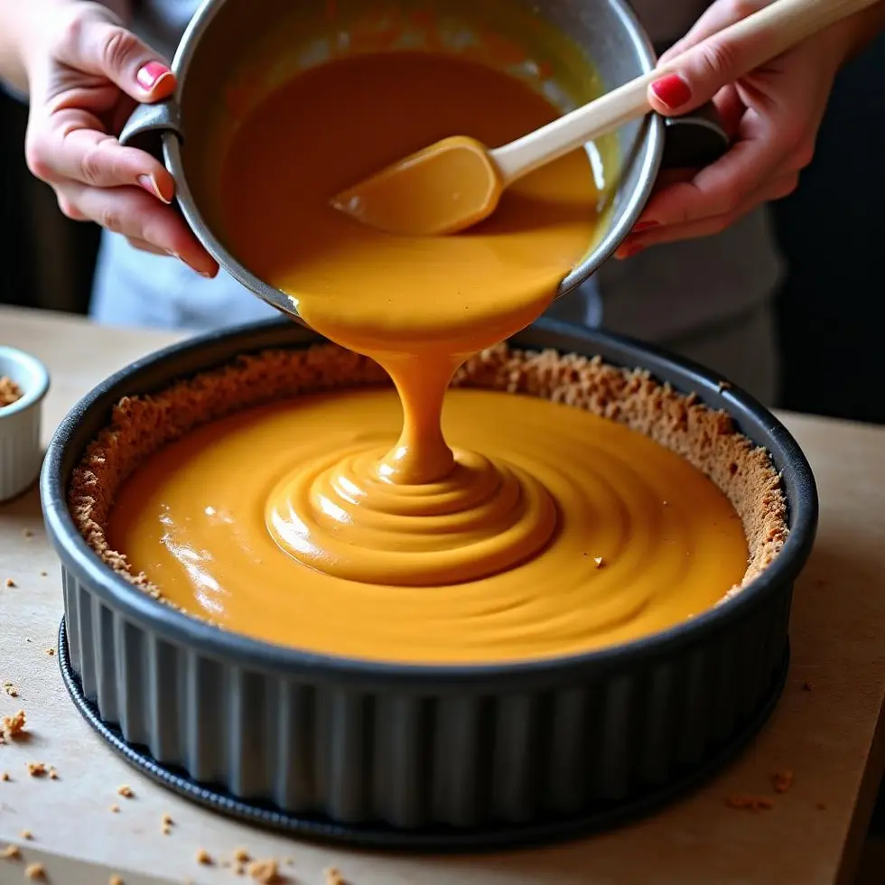 Whole pumpkin cheesecake with graham crust on a white cake stand, smooth orange filling