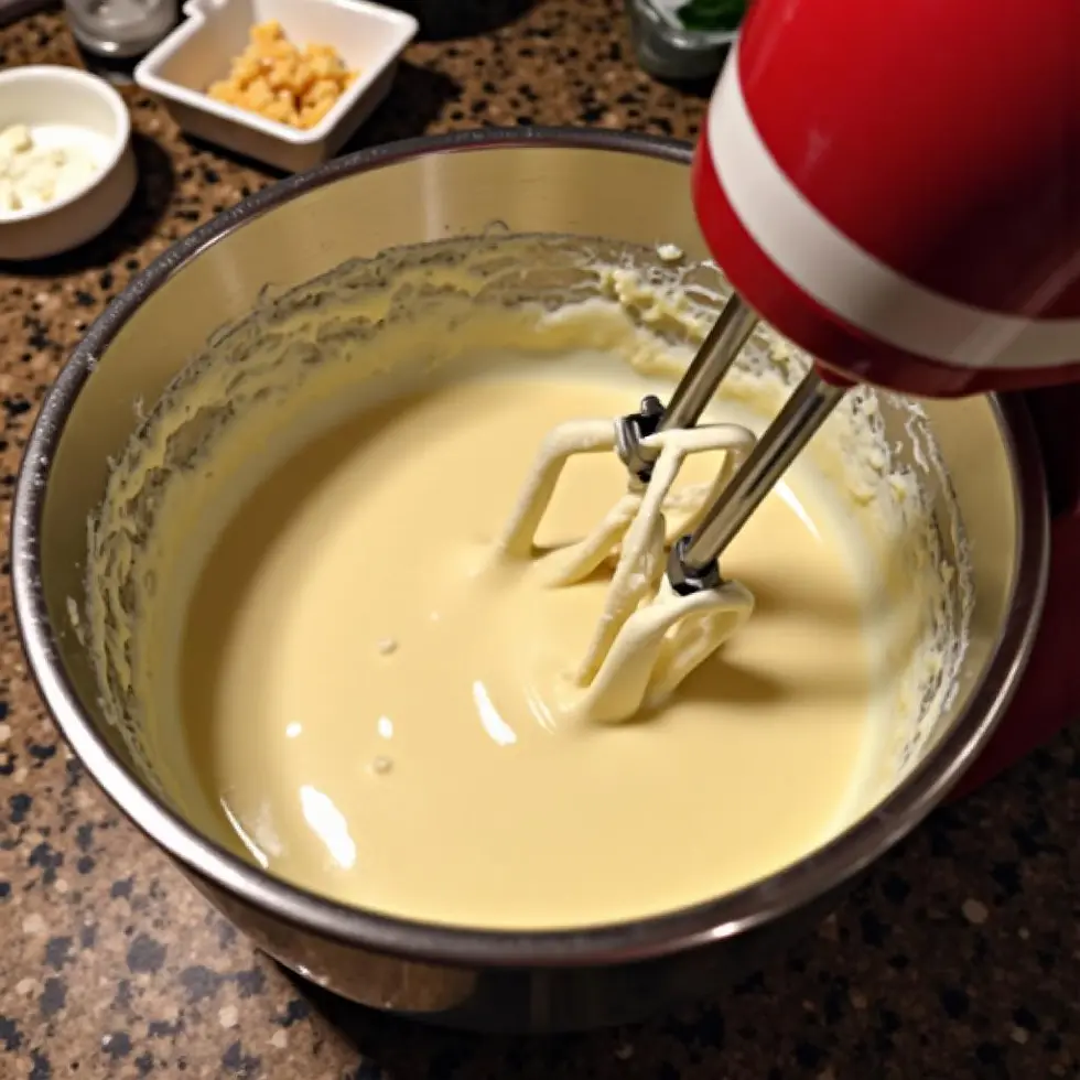 Cream cheese filling being mixed in a bowl for red velvet cheesecake