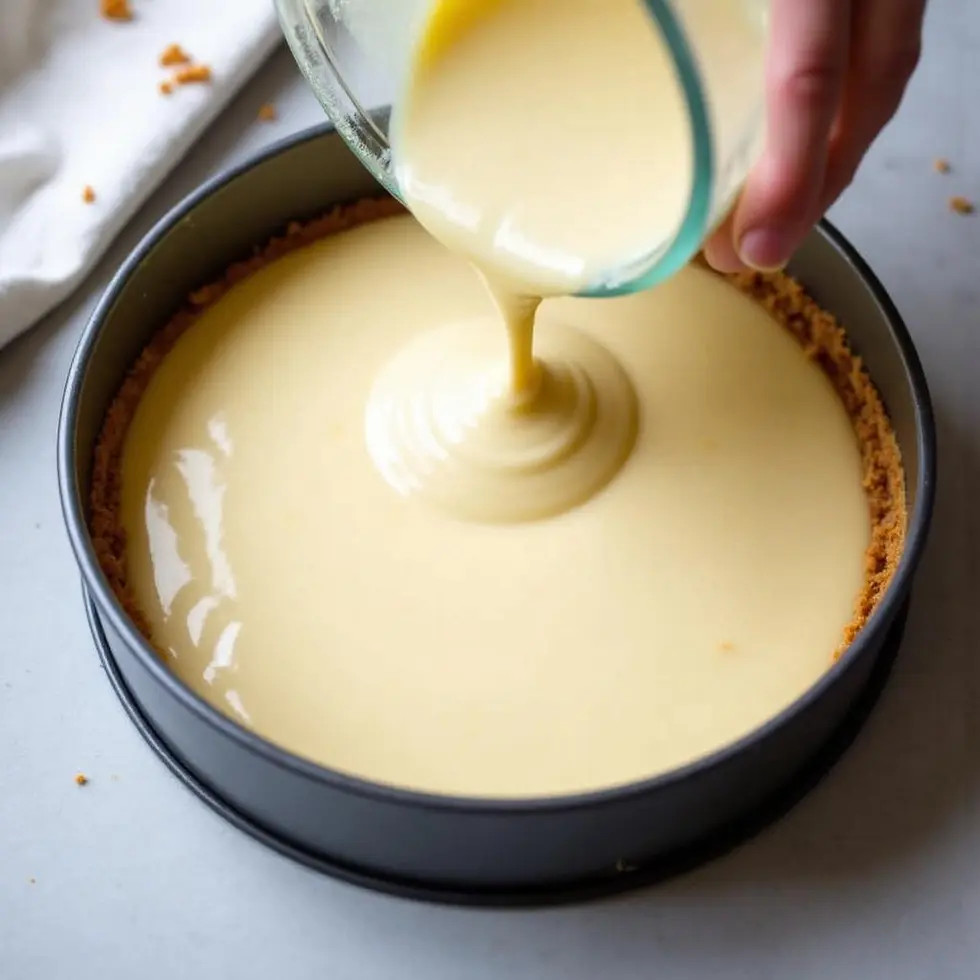 Cream cheese filling being poured into springform pan with graham cracker crust base