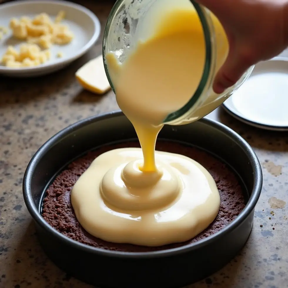 Pouring vanilla batter over chocolate layer in springform pan during cheesecake assembly