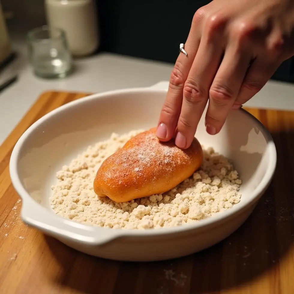 Hand pressing chicken fillet into flour coating mixture in shallow dish