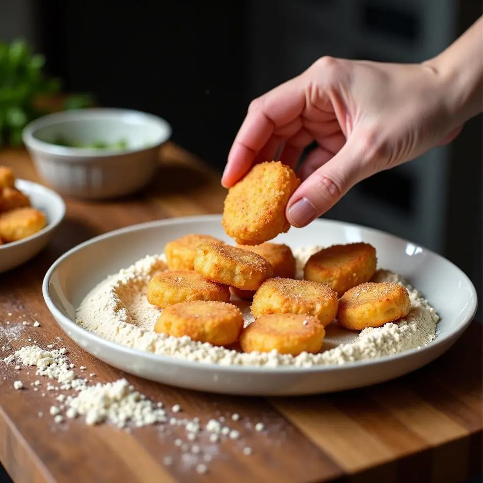 Hand coating chicken pieces in seasoned flour mixture on kitchen counter