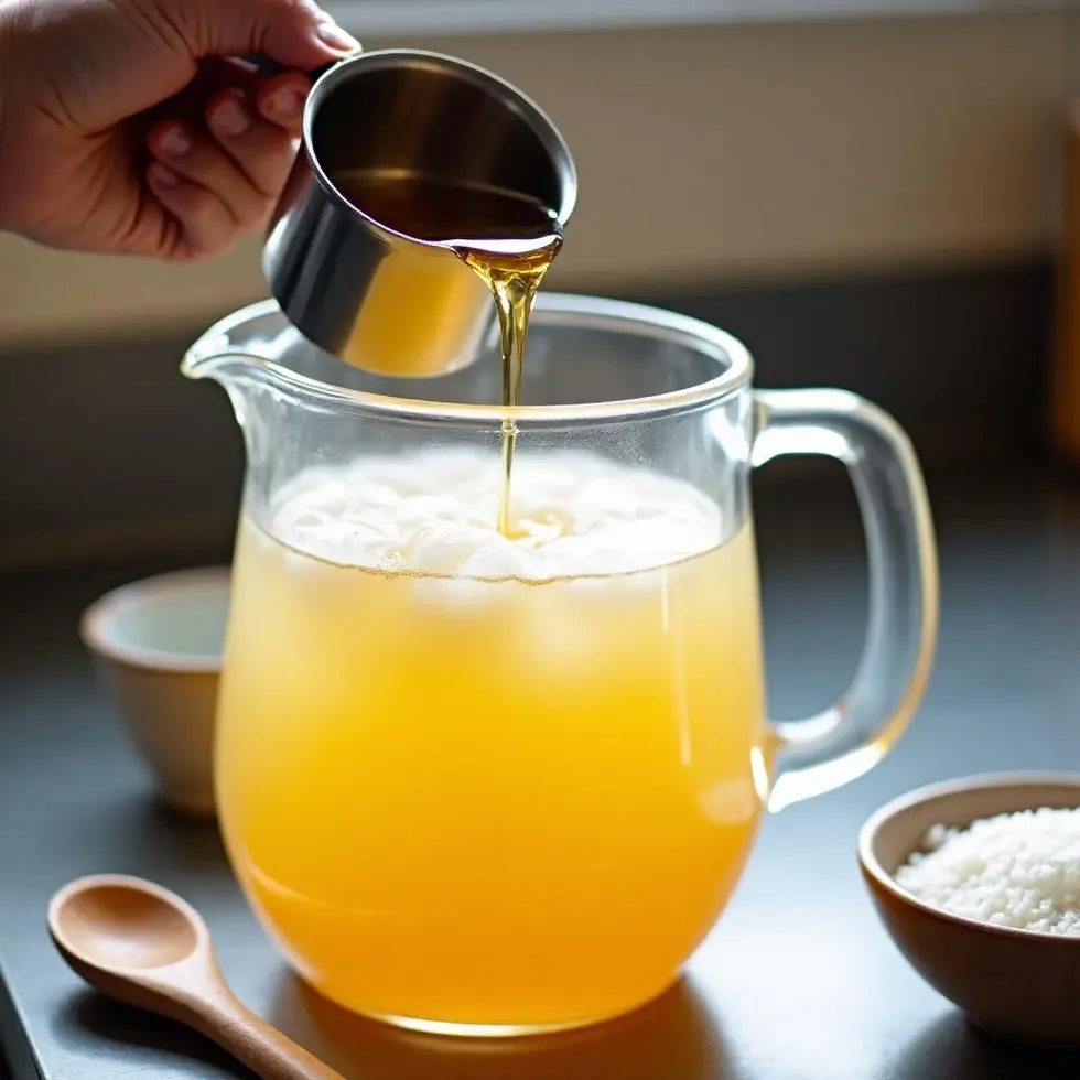 Simple syrup being poured into a pitcher of fresh lemon juice on a kitchen counter