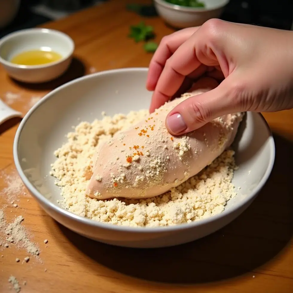 Chicken breast being coated in seasoned flour mixture in a home kitchen