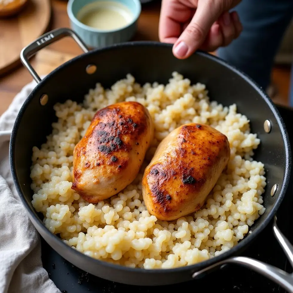 Hand placing seared chicken thigh onto rice and onion mixture in a skillet during cooking