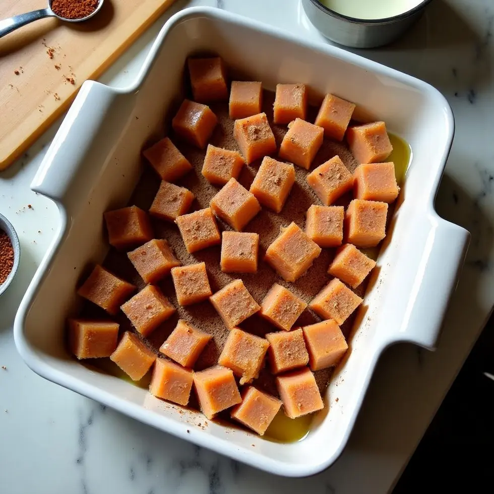 Seasoned chicken cubes in baking dish before adding cream