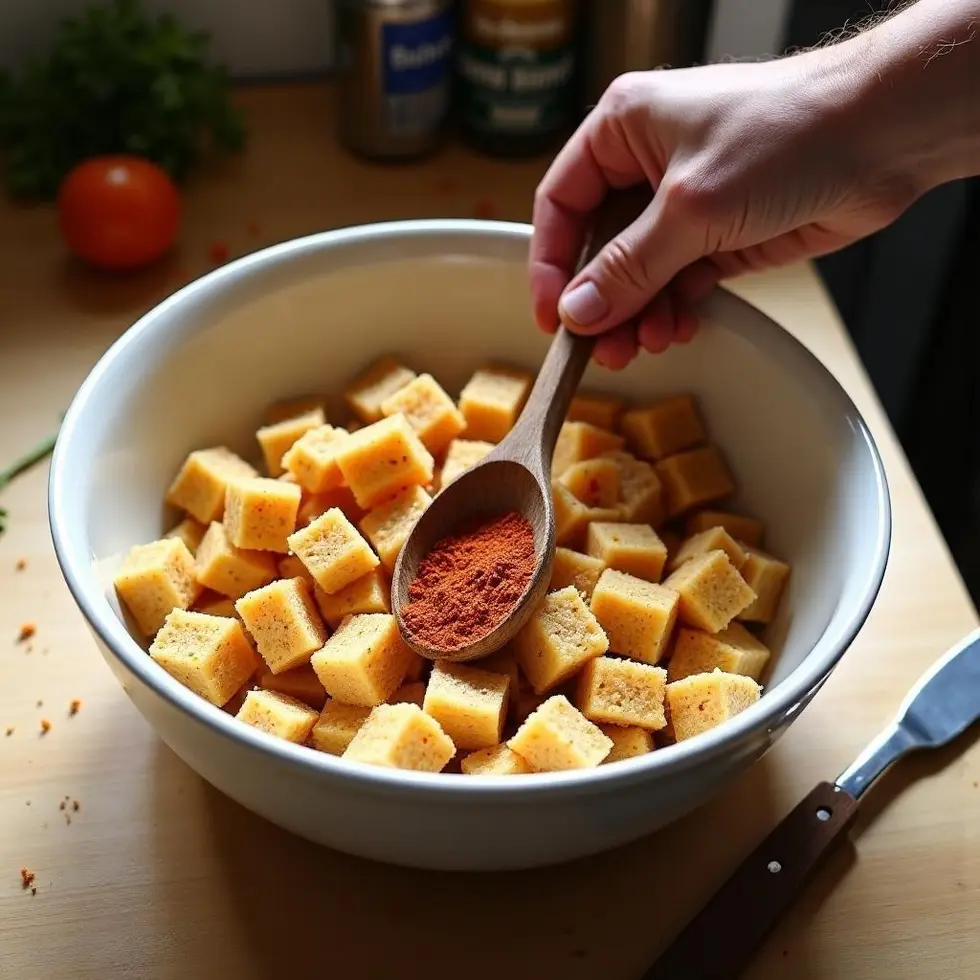 Raw chicken cubes being tossed with breadcrumbs and spices in a mixing bowl