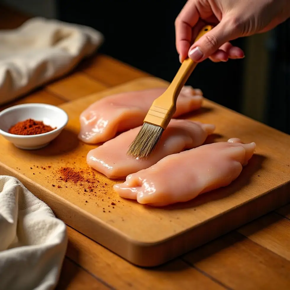 Chicken breasts being brushed with olive oil on cutting board before air frying