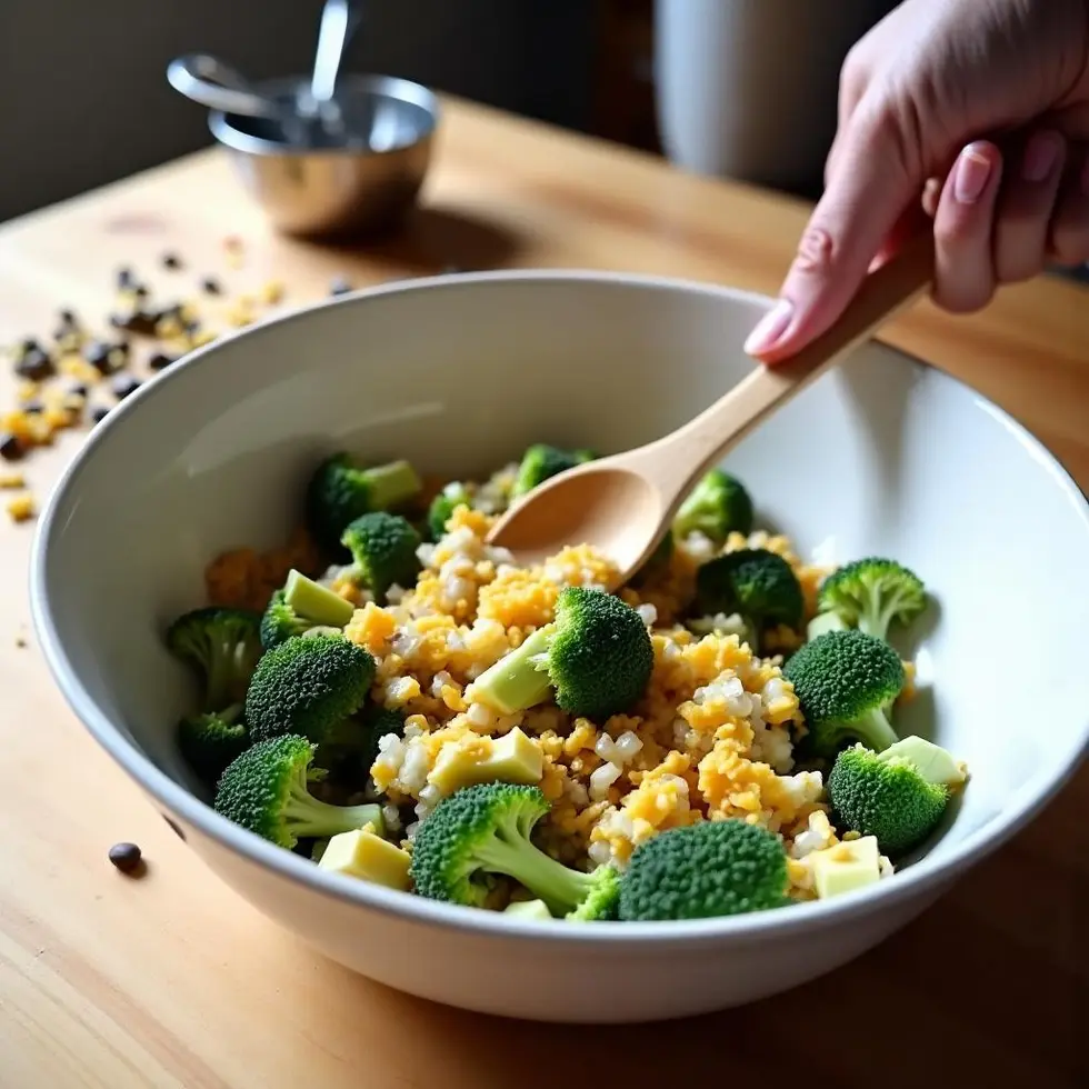 Tossing broccoli florets with creamy dressing and cheese in a mixing bowl