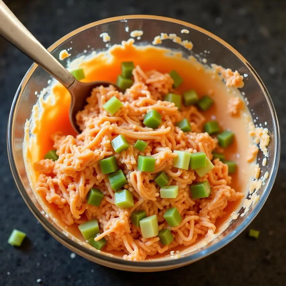Shredded chicken and celery being tossed with creamy buffalo sauce in a glass mixing bowl