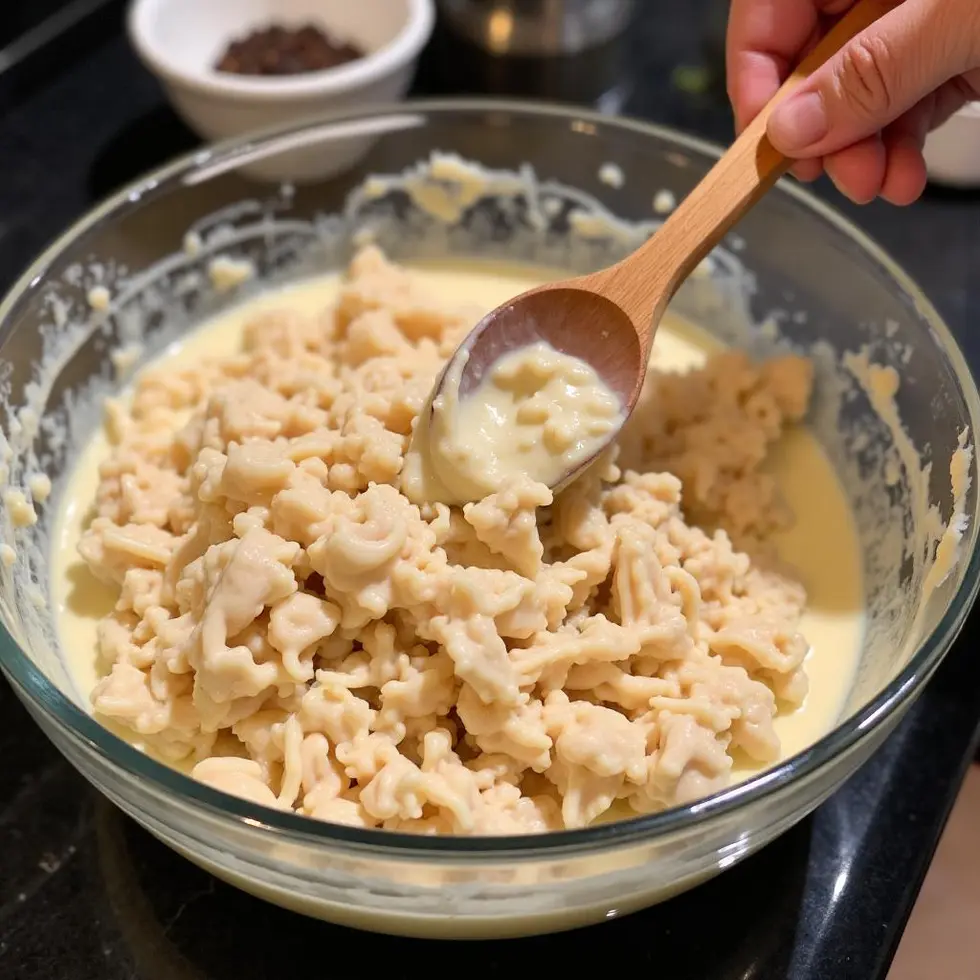 Shredded chicken being tossed with creamy dressing in a glass bowl, wooden spoon mixing the ingredients