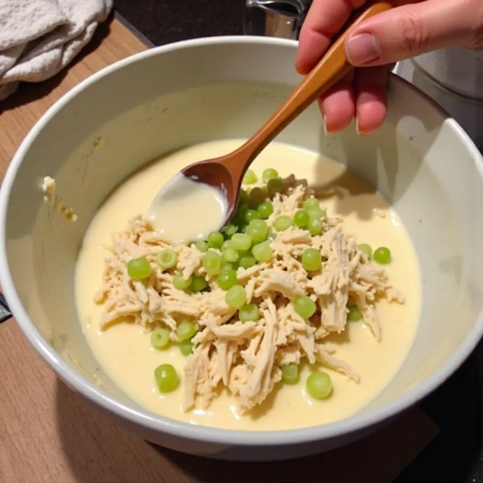 Preparation step for chicken salad chick copycat, ingredients being combined on a counter