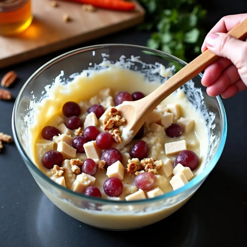 Folding chicken, grapes and pecans into creamy dressing in a glass bowl