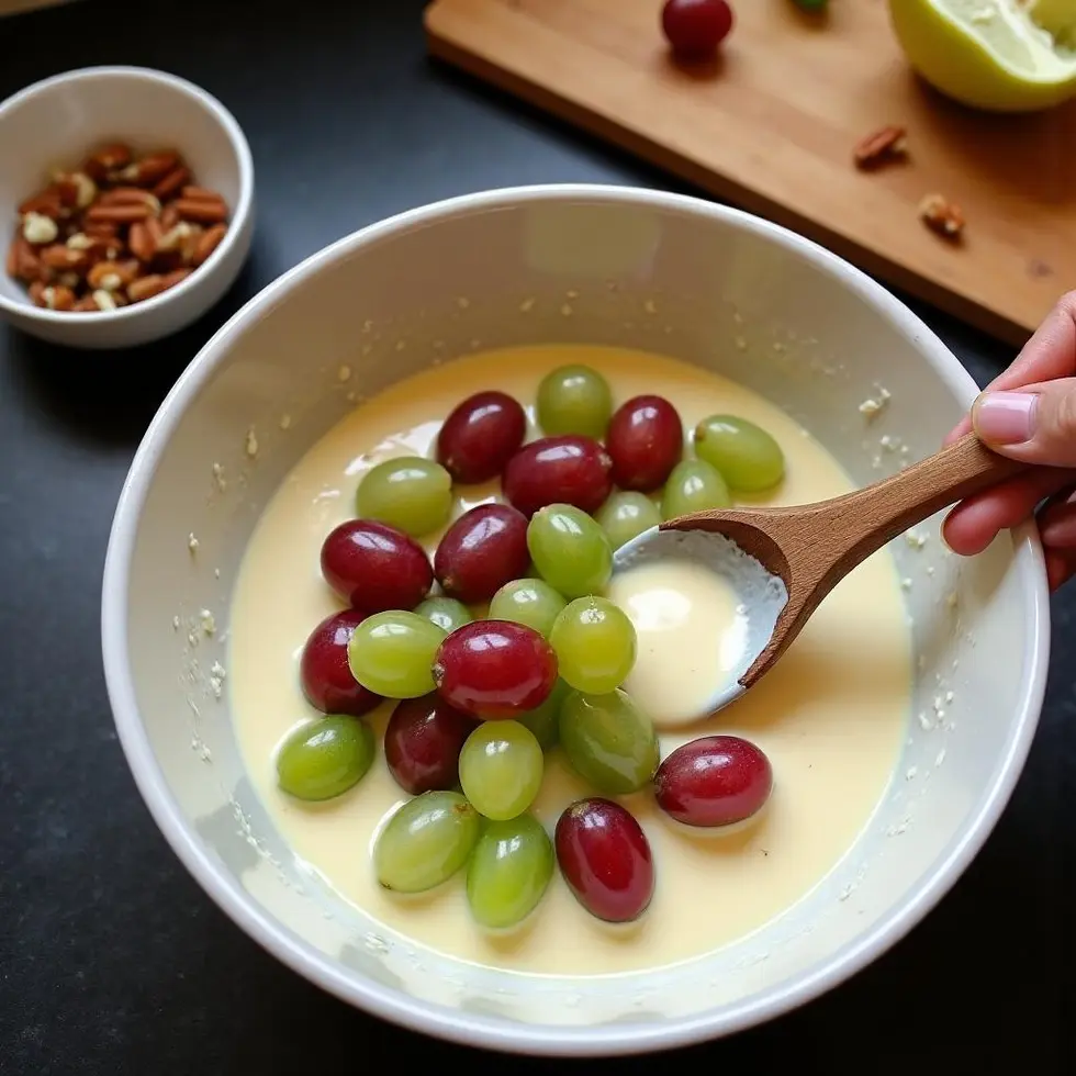 Folding halved grapes into creamy dressing in a mixing bowl with a wooden spoon