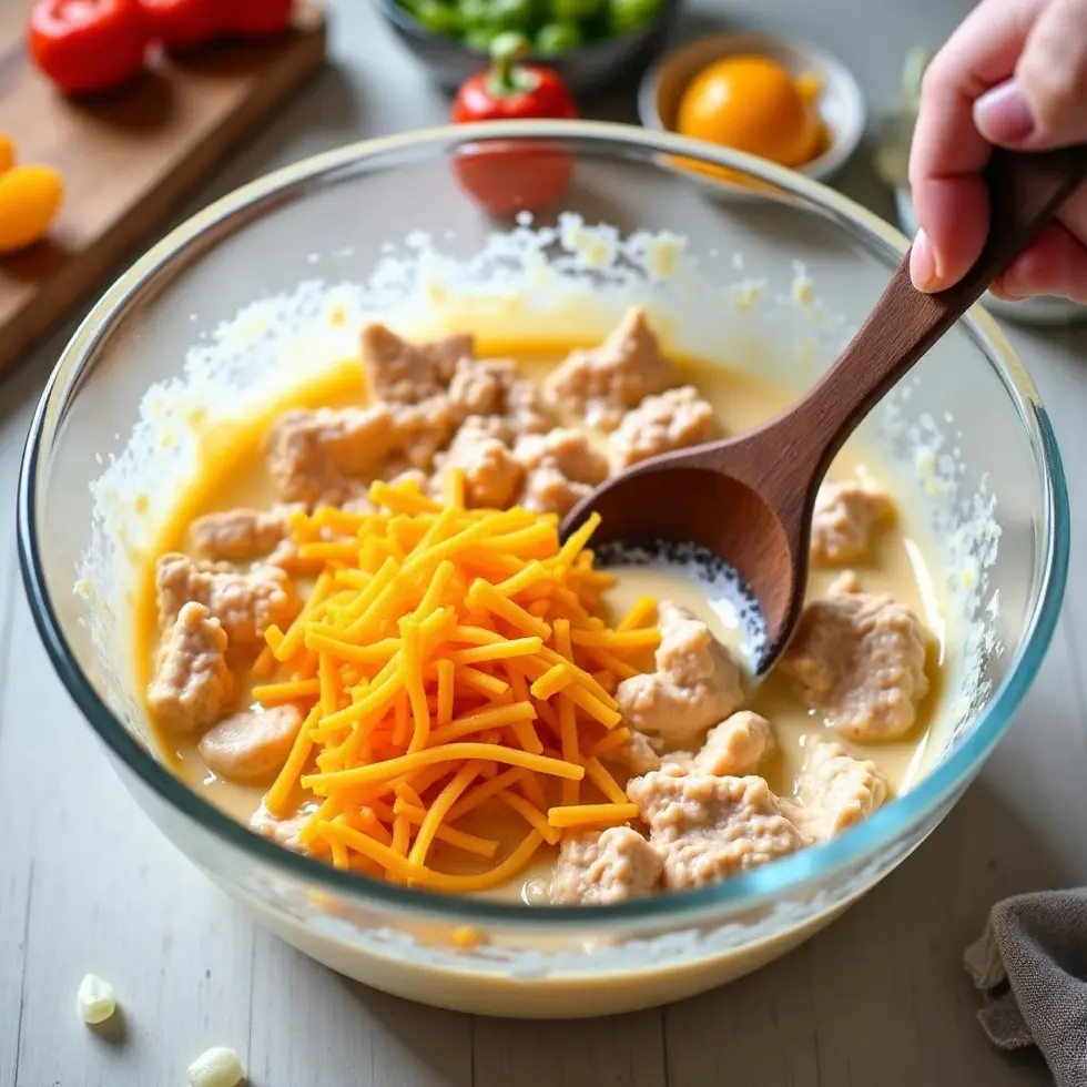Folding shredded chicken and cheese into ranch dressing in a glass mixing bowl