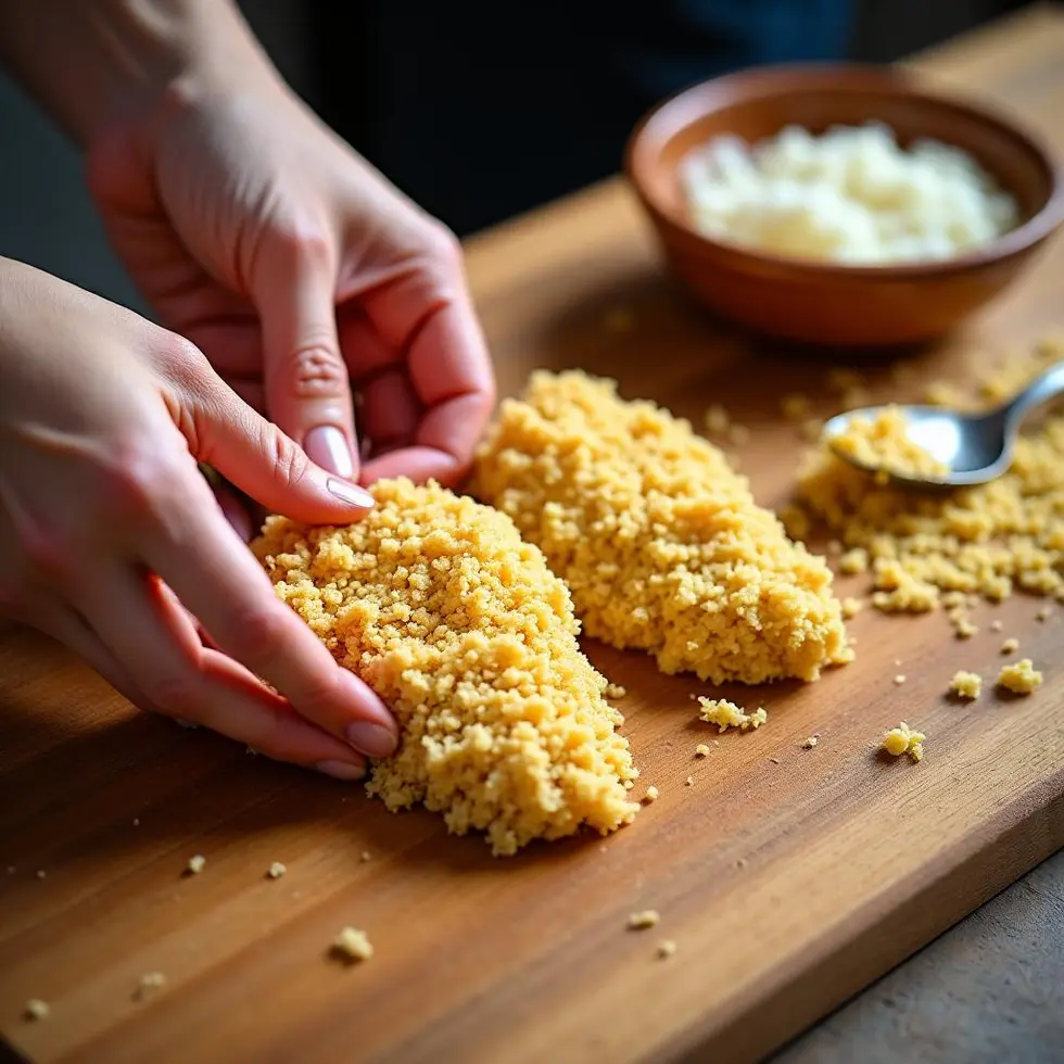 Raw chicken tender being coated in panko breadcrumb mixture on a wooden cutting board