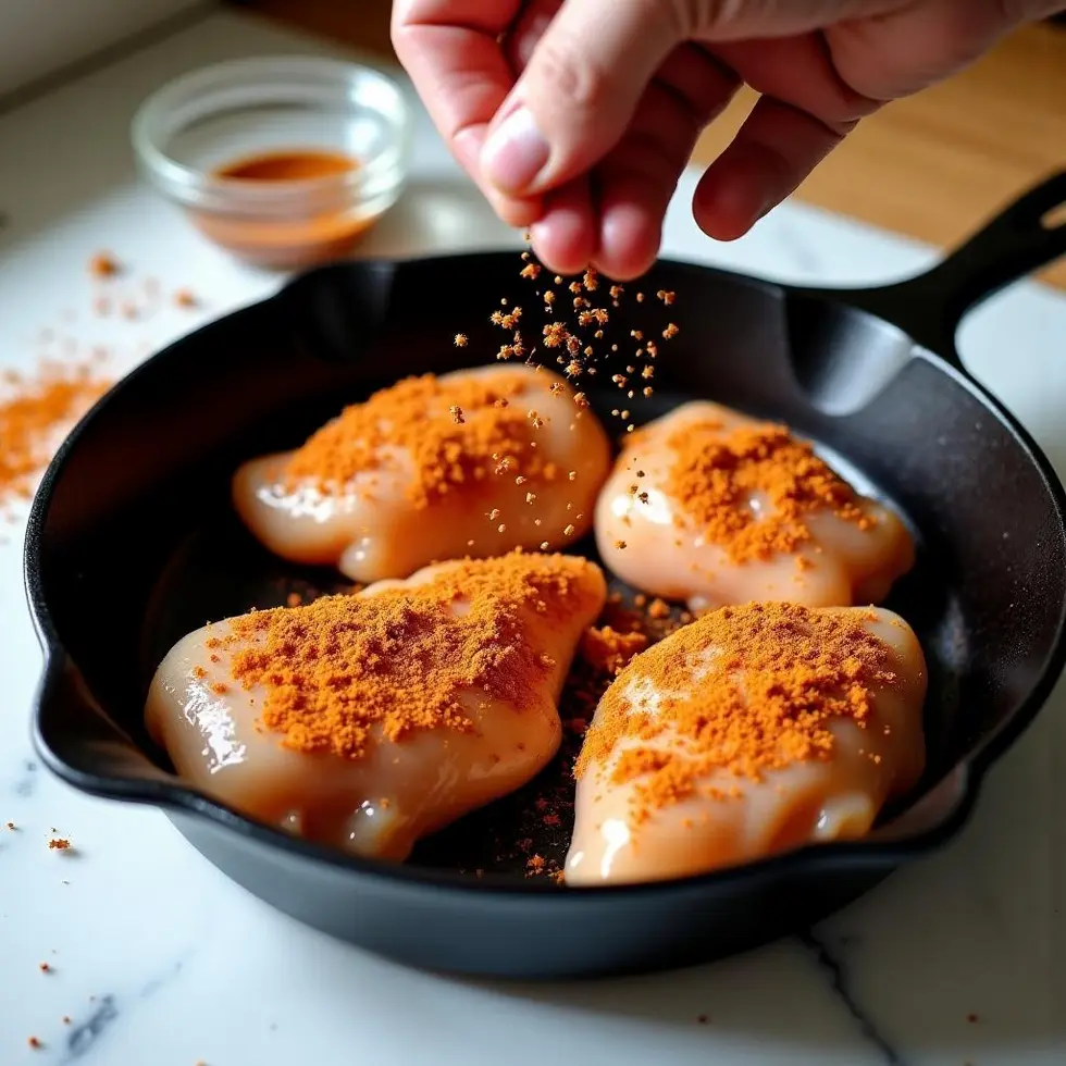 Raw chicken thighs being seasoned with spices in a skillet before cooking