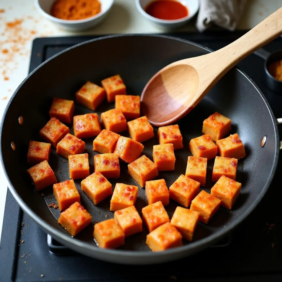 Bite-size chicken cubes cooking in a skillet with chipotle seasoning and browned edges