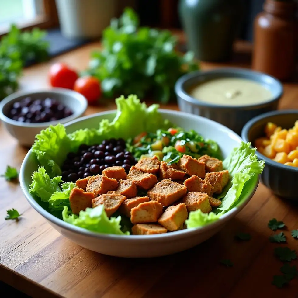 Assembling the salad bowl with romaine lettuce base and chicken being added to sections