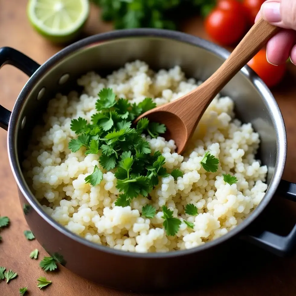 Stirring fresh cilantro into cooked white rice in a saucepan