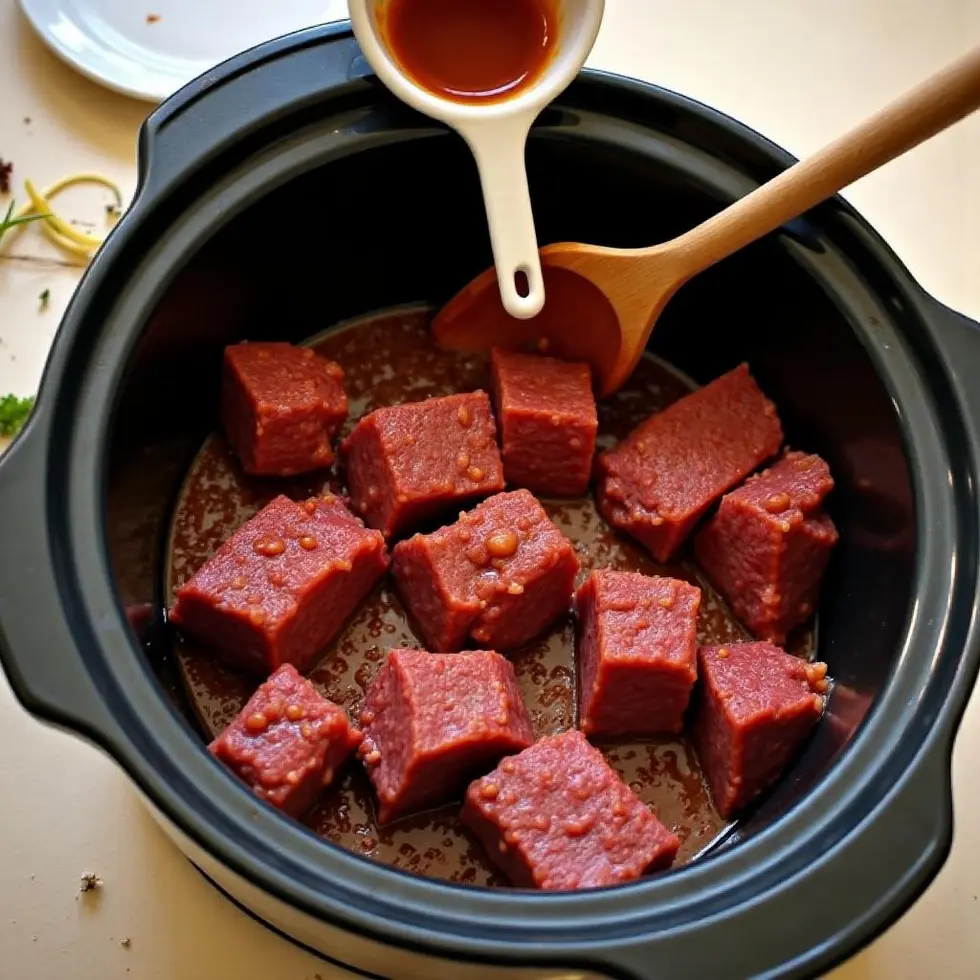 Raw beef chunks being coated with chipotle marinade in a slow cooker