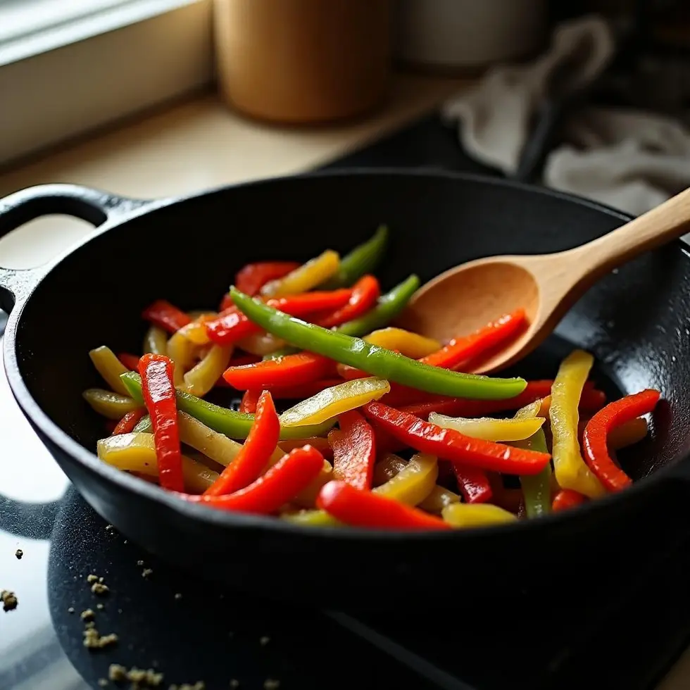 Bell pepper and onion strips searing in a cast iron skillet with golden char marks