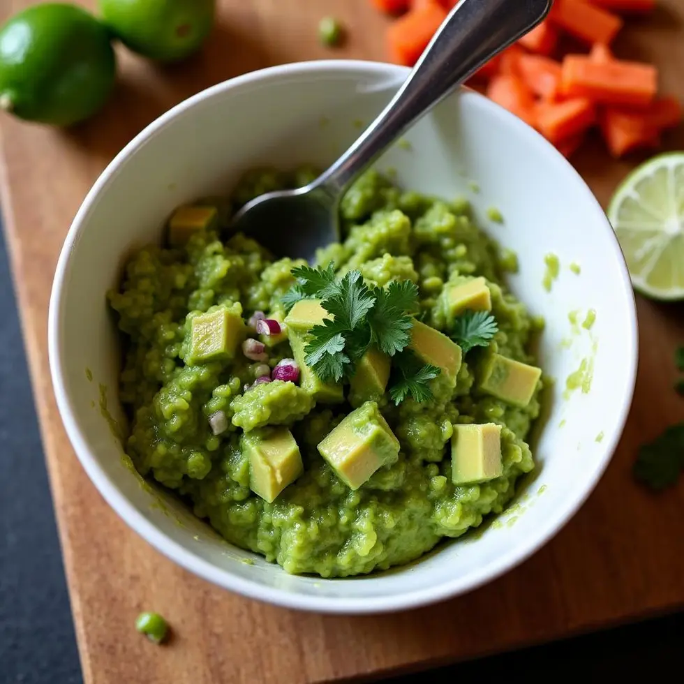 Fork mashing avocado chunks with lime juice and cilantro in a white bowl on a wooden board
