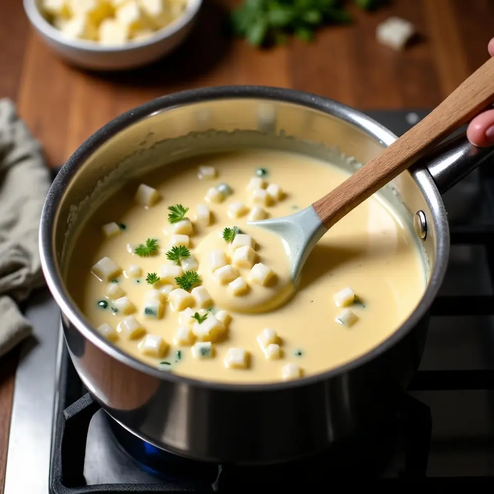 White American cheese cubes melting into creamy queso in a saucepan with wooden spoon