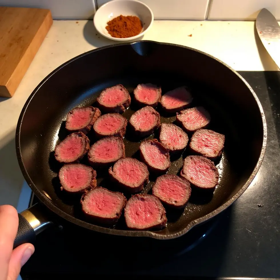 Sliced flank steak searing in a cast iron skillet with charred edges and pink interior