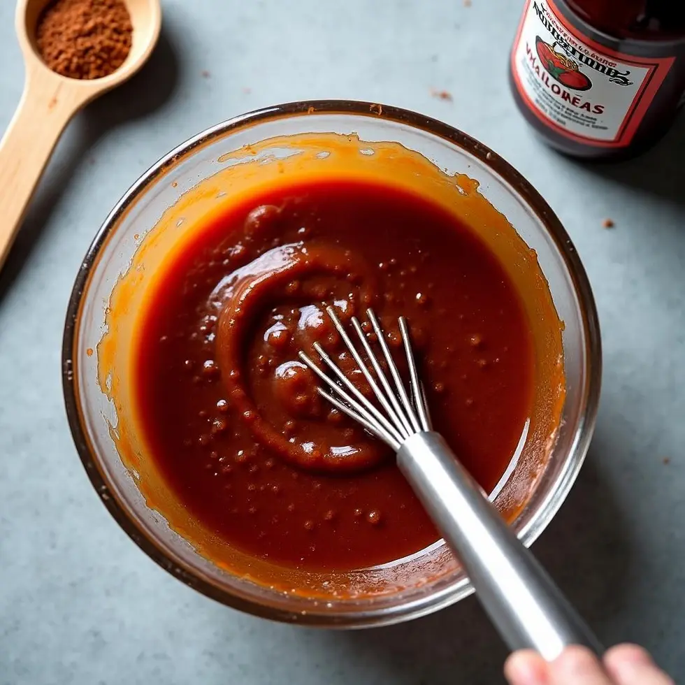 Whisking ketchup, vinegar, and spices together in a glass bowl to make the sauce