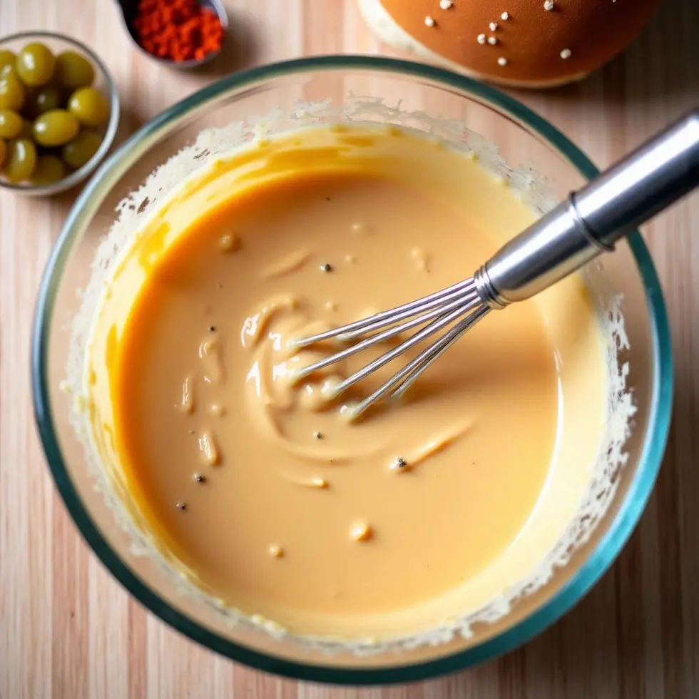 Mixing bowl with pale pink sauce showing yellow mustard streaks and pickle relish being whisked together