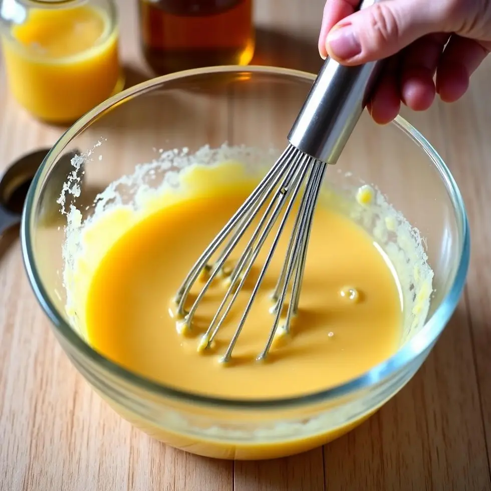 Whisking pale yellow honey mustard ingredients together in a glass bowl